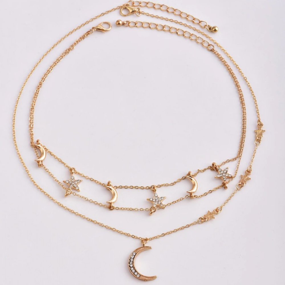 Gold Crescent Moon Star Choker Necklace - Picture 2 of 7